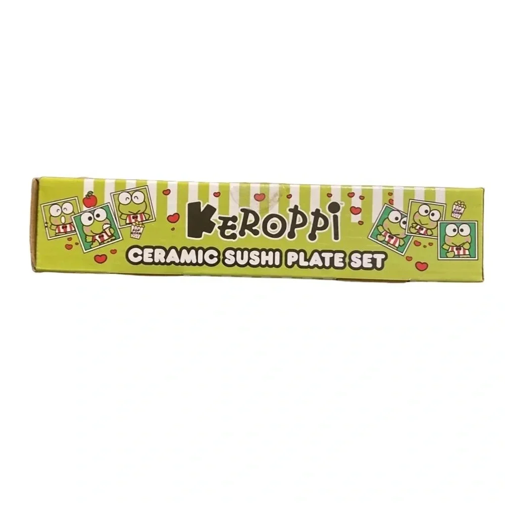Sanrio Keroppi Ceramic Sushi Plate Set New NIB Dipping Bowl Chopsticks Striped